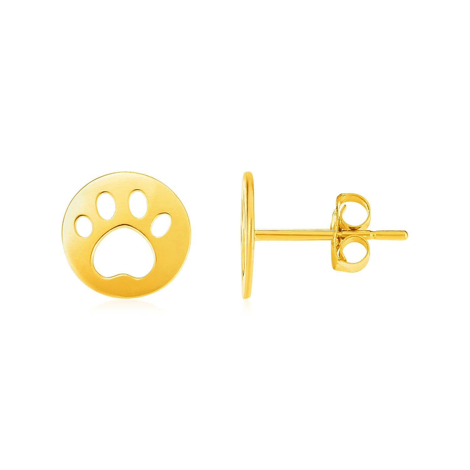 14k Yellow Gold Post Earrings with Paw Prints in a sleek high-contrast midnight luxury editorial style